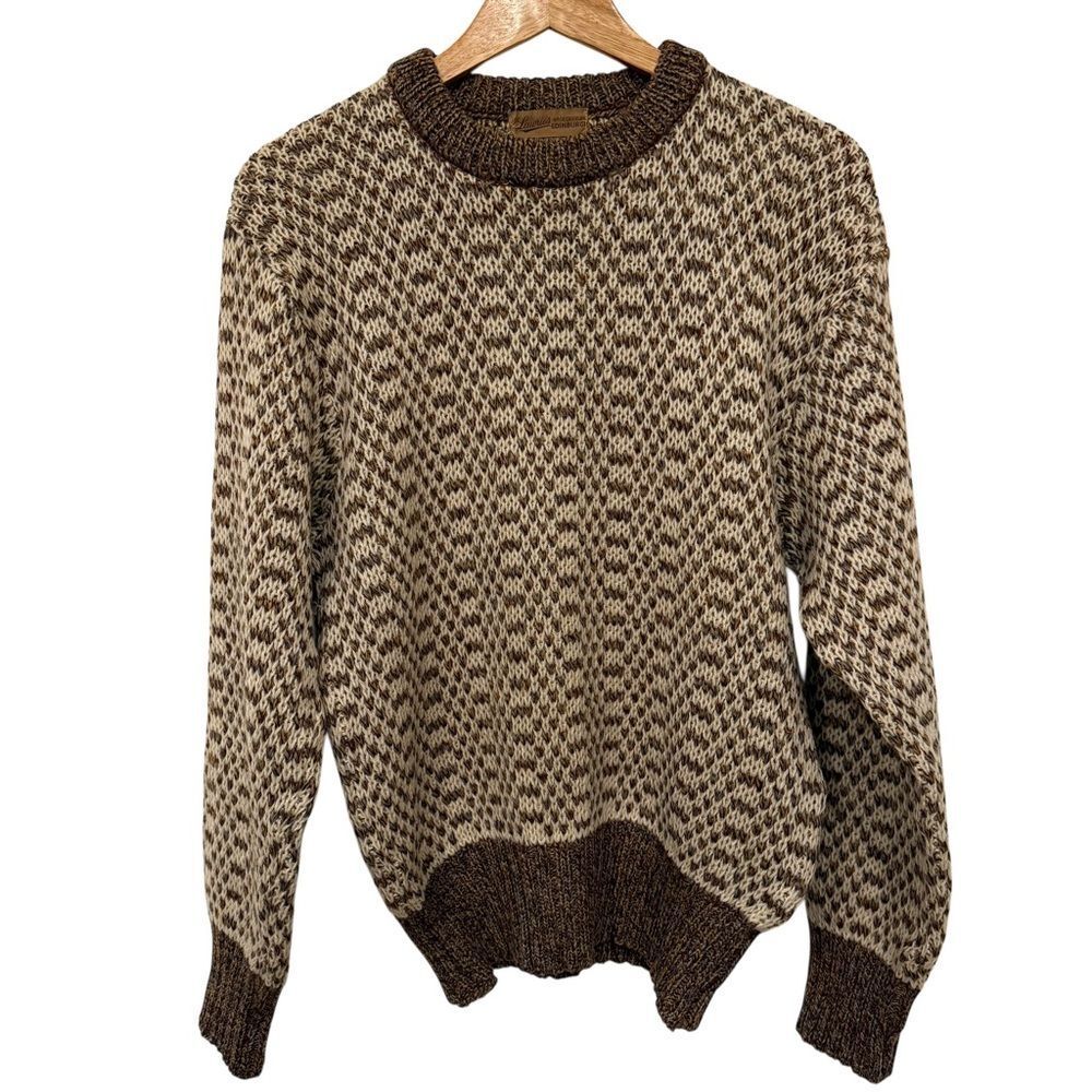 Vintage Scottish Wool Tan and Brown Patterned Crewneck Grandpa Sweater